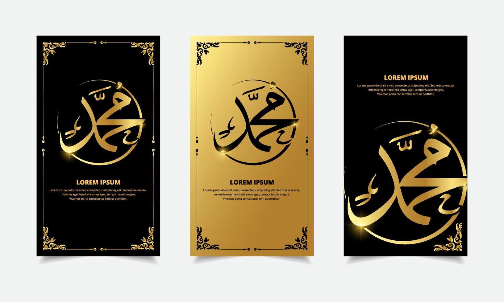 Collection of Golden nabi muhammad caligraphy design template stories. Maulid Nabi Muhammad. Islamic Prophet caligraphy vector