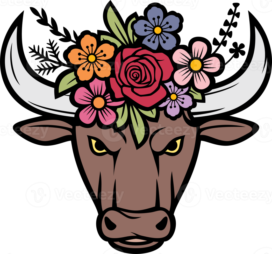 illustrazione png di colore della testa di toro floreale