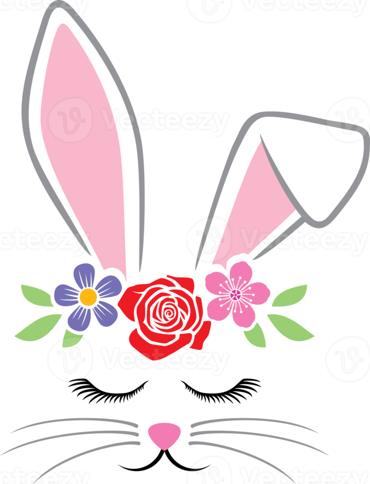 Cute bunny face with flowers png illustration