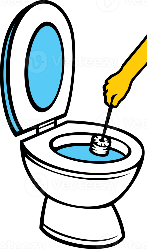 Hand in yellow rubber glove cleaning toilet bowl using brush png