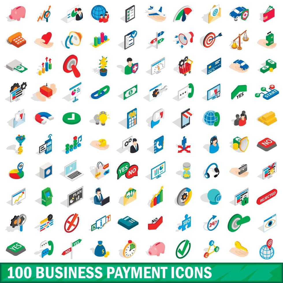100 iconos de pago empresarial establecidos, estilo 3d isométrico vector