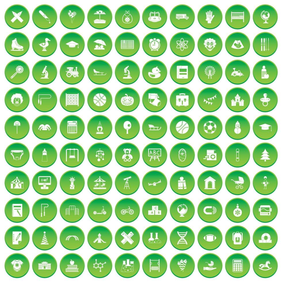 100 kids icons set green circle vector