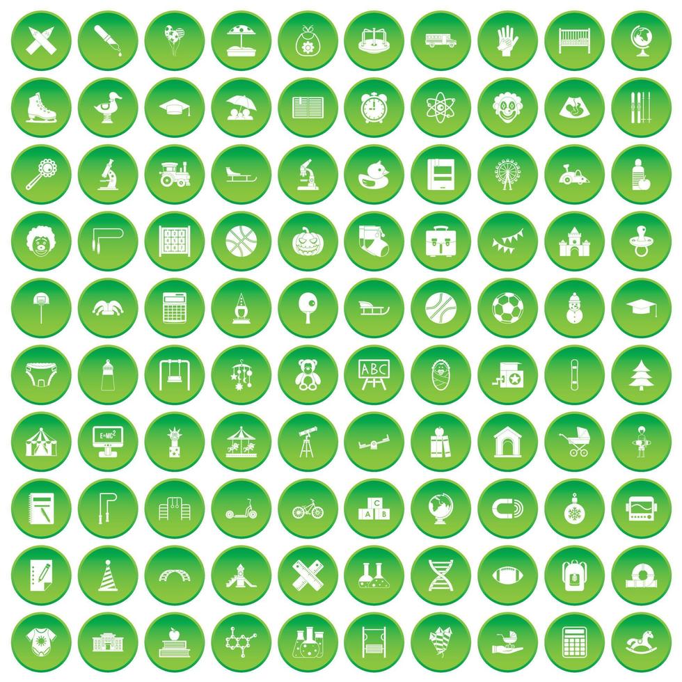 100 kids icons set green circle vector