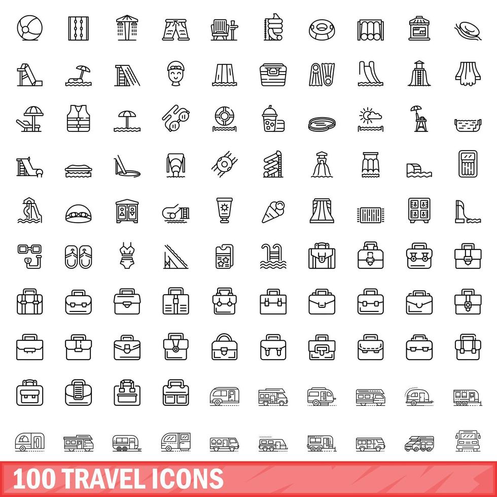 100 travel icons set, outline style vector