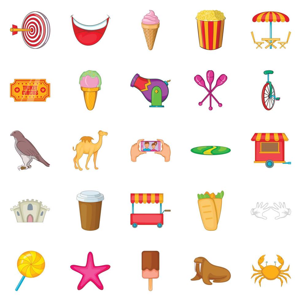 Amusement park icons set, cartoon style vector