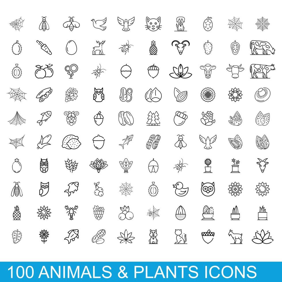 100 animales y plantas, conjunto de iconos de estilo de esquema vector