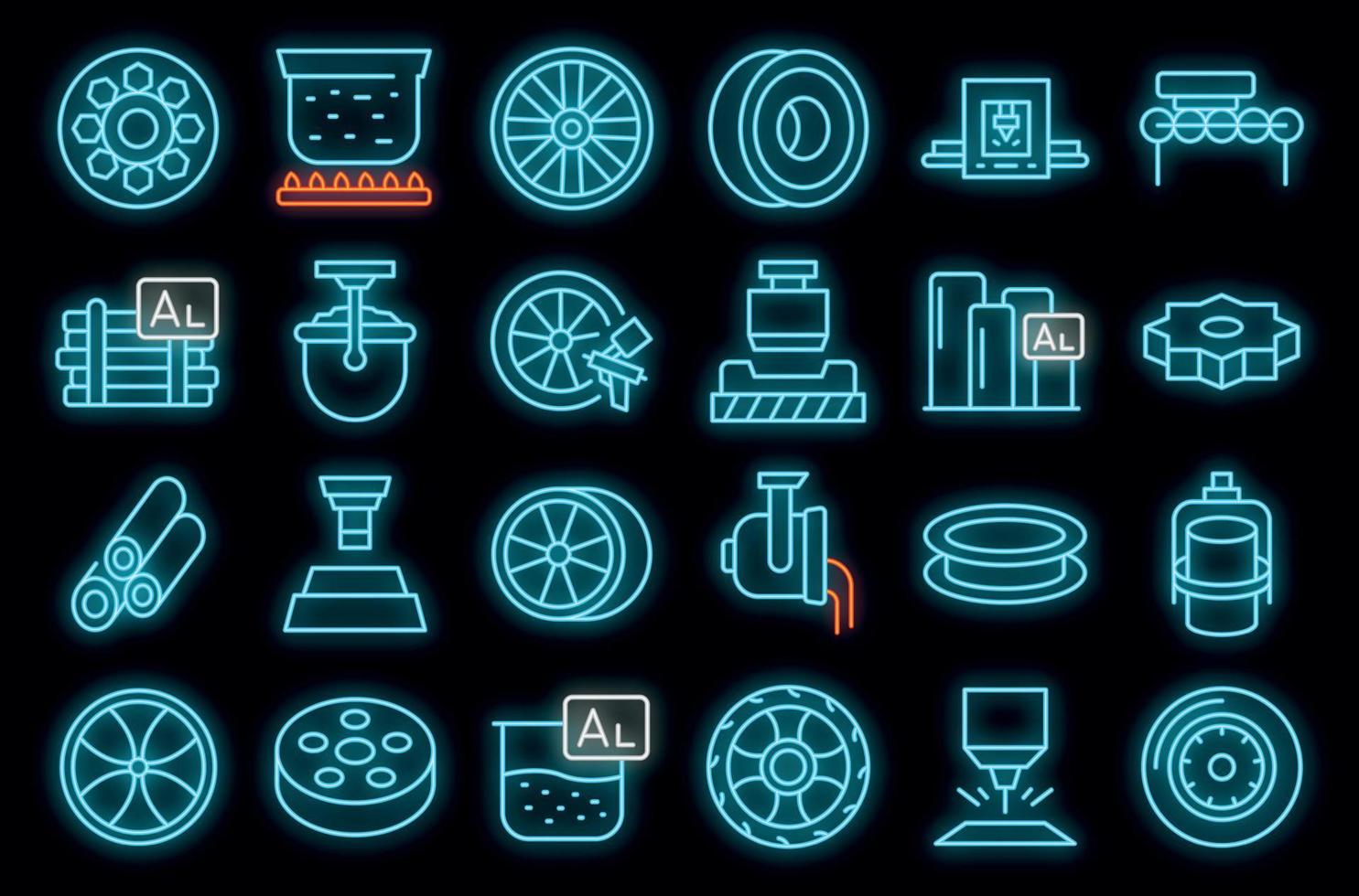 Aluminium wheels icons set outline vector. Car factory vector neon