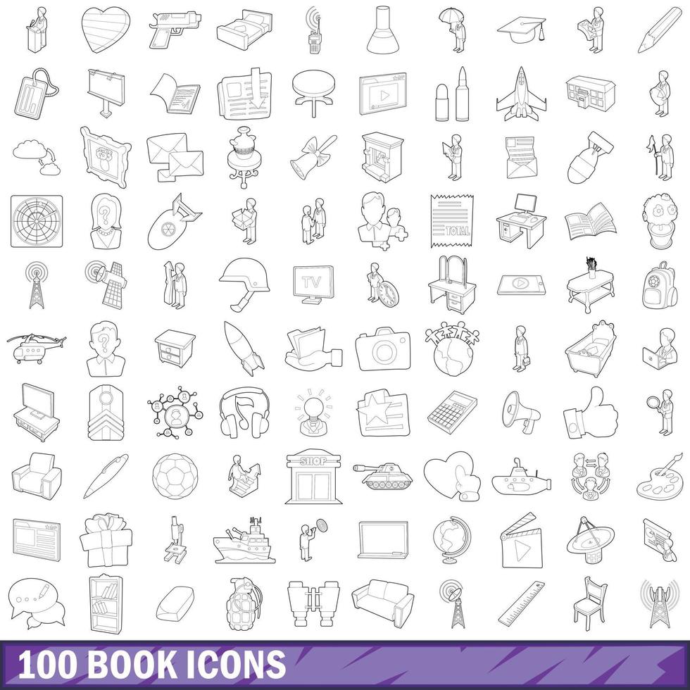 100 book icons set, outline style vector