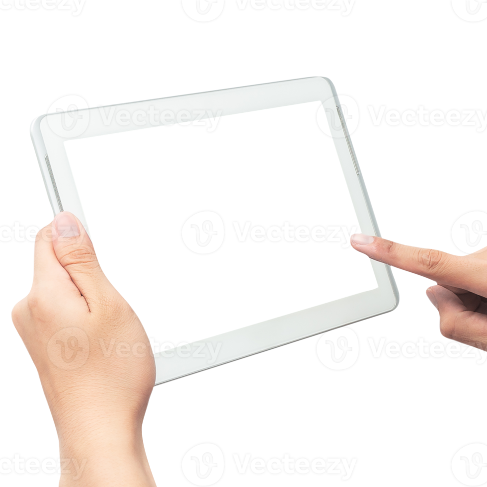 Hand holding tablet computer with screen mockup png