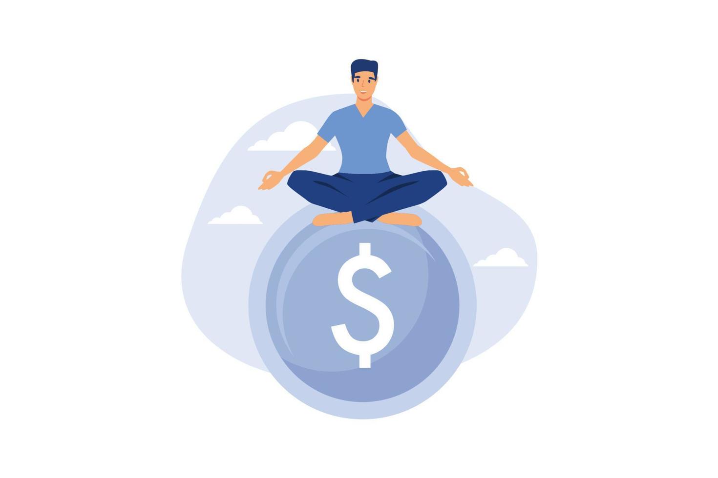 Financial guru or expert, behavioral finance mindfulness for wealth management, money and investment advisor concept, smart businessman meditate and floating on big golden money dollar coin. vector