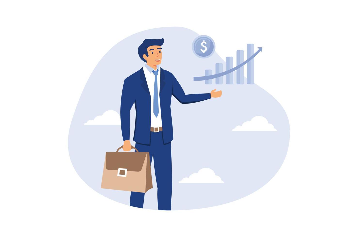 Investment profit growth, financial advisor or wealth management, make money to get rich or increase earning or income concept, confidence businessman investor holding big rising profit growth graph vector