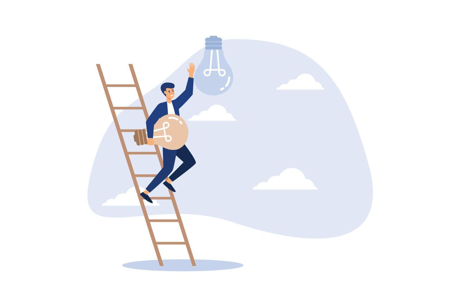 Change to new innovation, transform to new business, solution to disrupt or replace old model with bright technology concept, success businessman leader climb up ladder to change lightbulb idea. vector