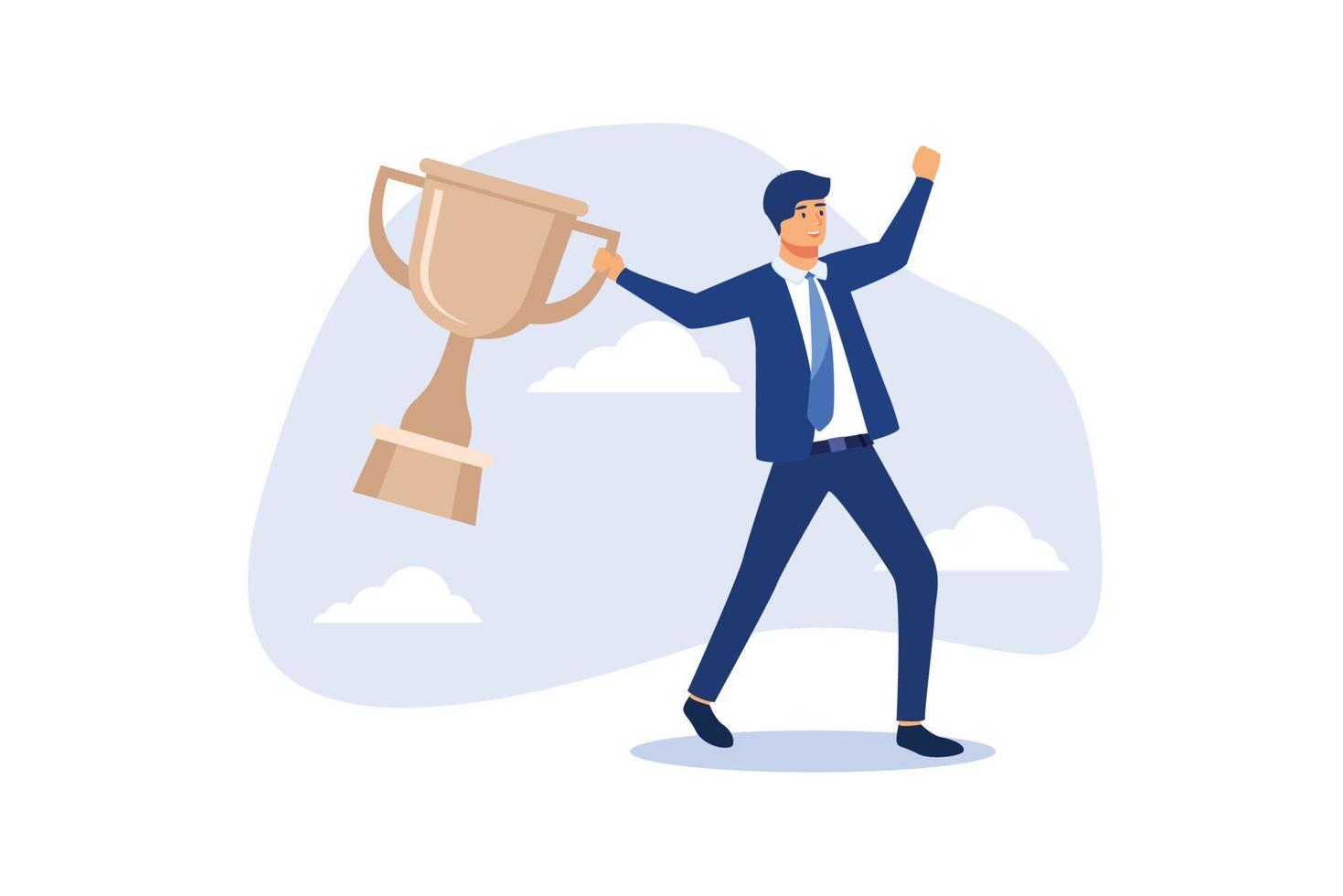 Celebrate work achievement, success or victory, winning prize or trophy, challenge or succeed in business competition concept, happy businessman holding winning trophy jumping high for celebration. vector