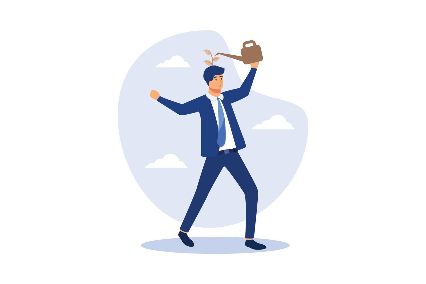 Self improvement, growth mindset, positive attitude to learn new knowledge improve creativity for business problem concept, smart businessman using watering can to water growing seedling on his head. vector