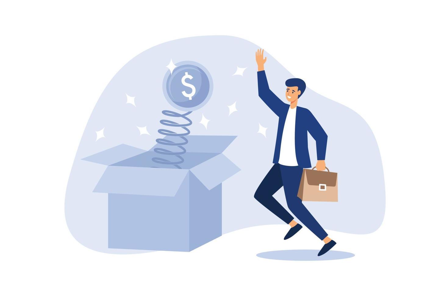 Surprise money or reward, bonus or salary raise, investment profit, dividend or high return stock, lucky giveaway or winning prize concept, happy businessman jumping high opening surprise money box. vector