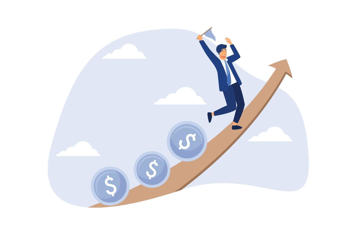 Las ganancias y ganancias de la inversión, el crecimiento del mercado de valores o el flujo de fondos dependen de la tasa de interés y el concepto de inflación, empresario inversionista, administrador de fondos con bandera, monedas de dinero de plomo subiendo un gráfico ascendente vector