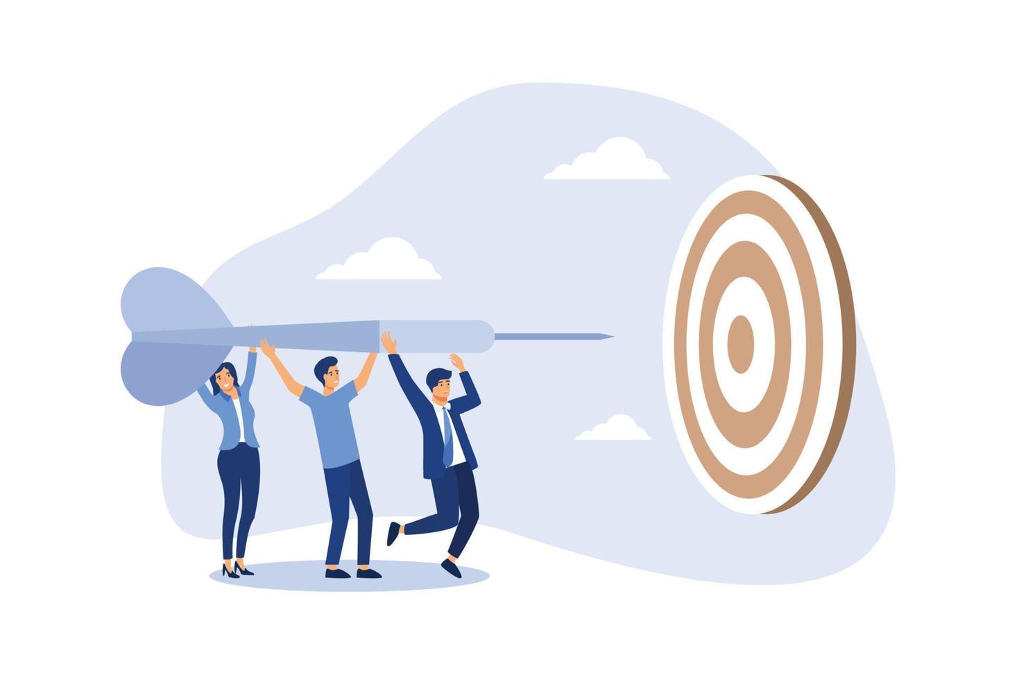 Team business goal, teamwork collaboration to achieve target, coworkers or colleagues with same mission and challenge concept, businessman and woman people help holding dart aiming on bullseye target. vector