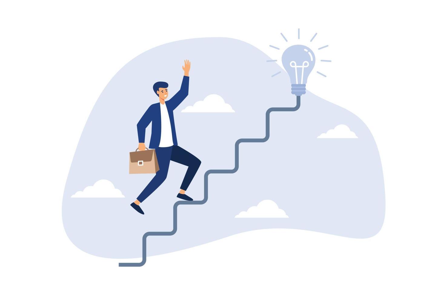 Creativity for business idea, thinking and brainstorm for new idea or opportunity, career path or goal achievement, businessman start walking on electricity line as stairway to big idea lightbulb. vector