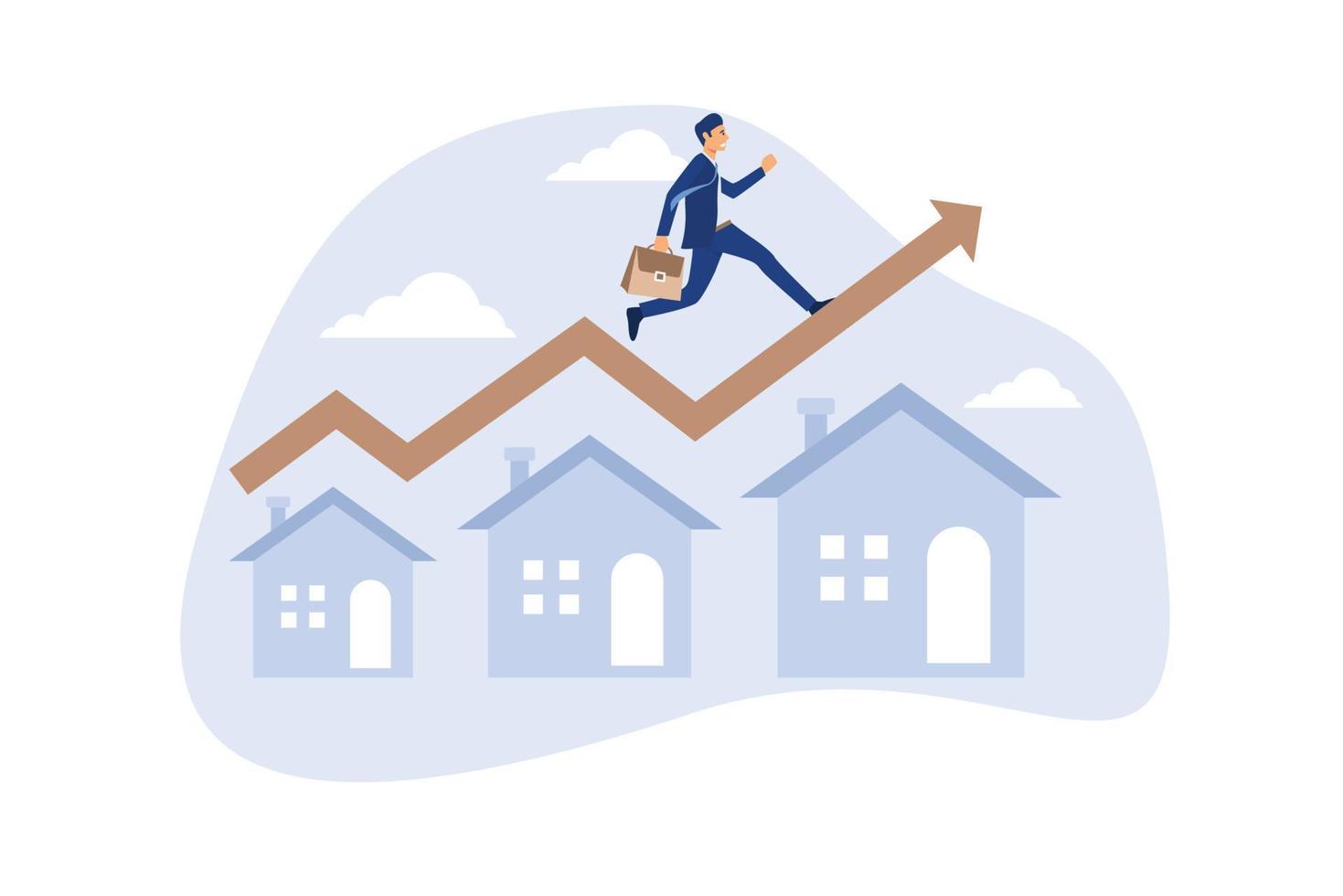 aumento del precio de la vivienda, concepto de crecimiento de bienes raíces o propiedad, empresario que se ejecuta en un gráfico verde ascendente en el techo de la casa. vector