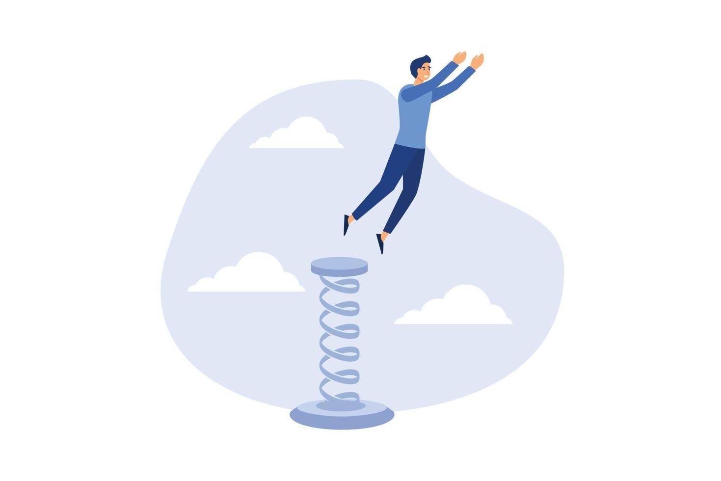 Boost up business growth, improvement, career path or job promote to higher position concept, confidence businessman leader jumping springboard up high in the sky. vector