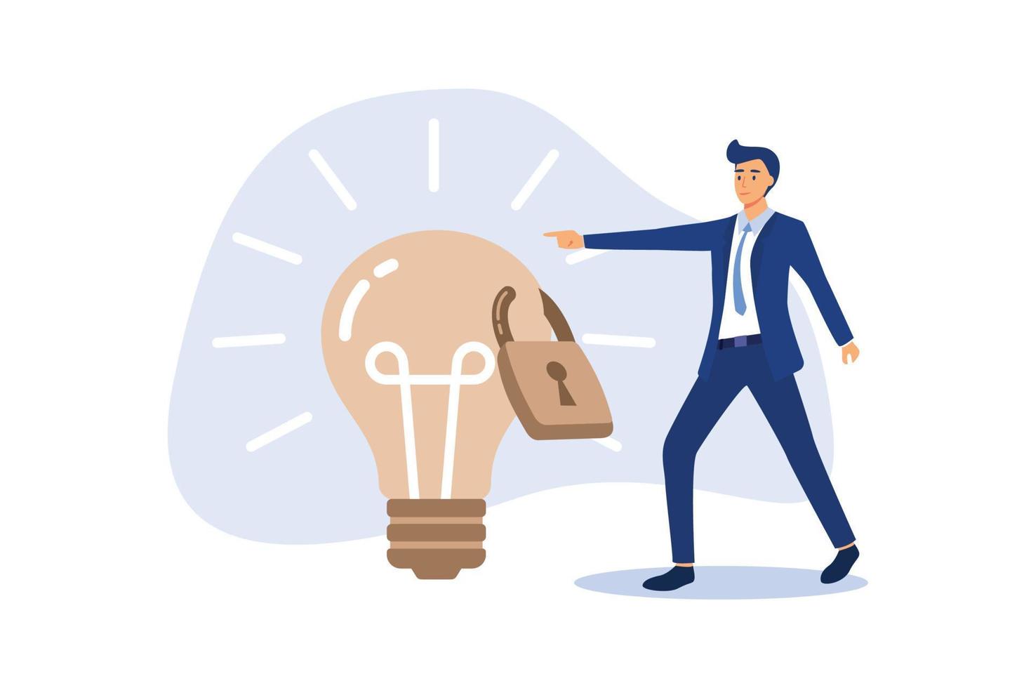 Intellectual property, patented protection, copyright reserved or product trademark that cannot copy concept, businessman owner standing with light bulb idea locked with padlock for patents. vector
