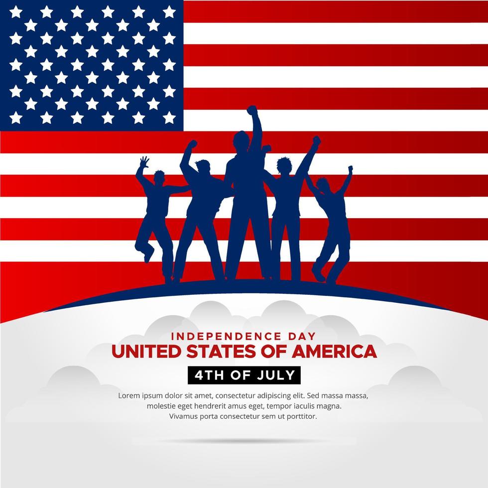 American Independence Day design with star, flag and silhouette of cheerful youth. vector