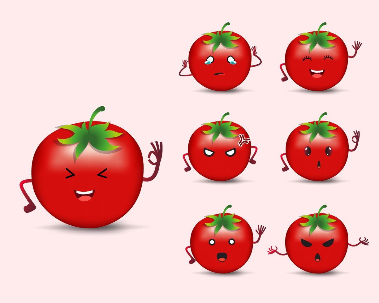 lindo icono de diseño de personajes de tomate rojo con muchas expresiones diferentes. colección de icono de diseño de pimiento de tomate realista vector