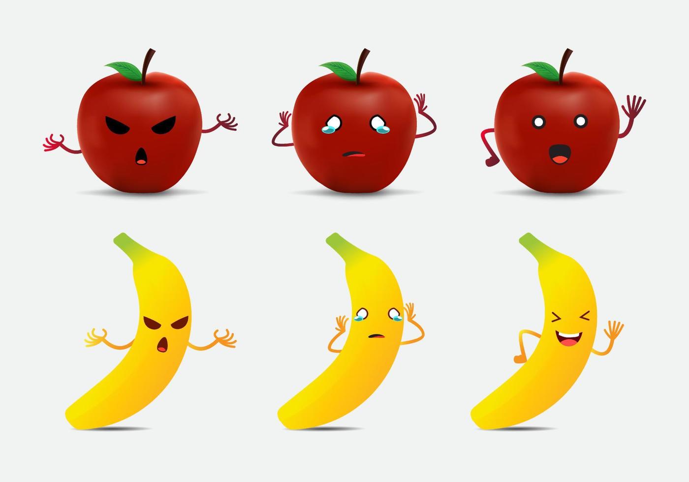 colección de icono de diseño de personajes de dibujos animados de manzana y plátano. feliz, enojado y triste expresión diferente de manzana y plátano vector