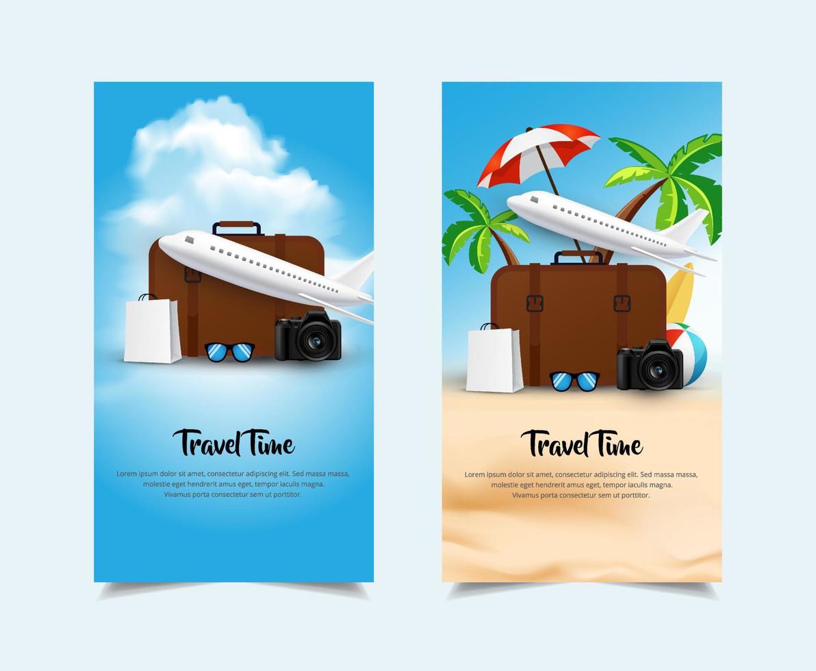 Fantastic summer time design template stories collection isolated on beach background, camera, and plane vector
