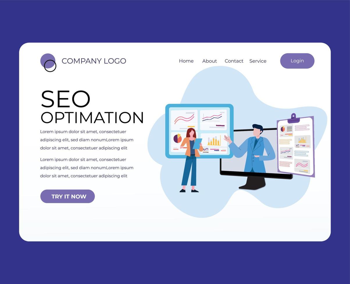 optimización seo del sitio web de la página de inicio con trabajador, computadora portátil, imágenes de computadora e infografía vector