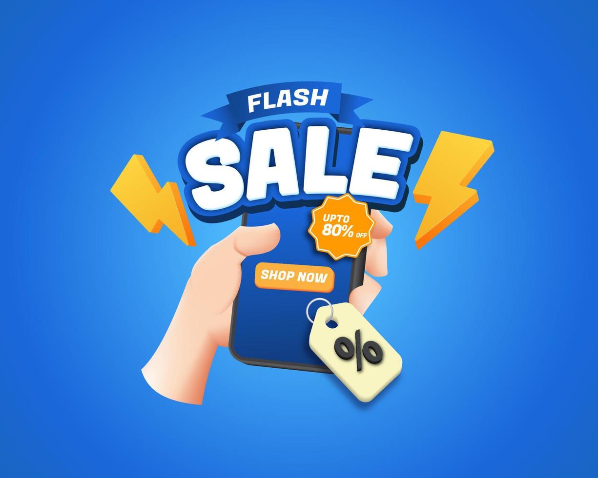 compras de venta flash con mano 3d sosteniendo el concepto de teléfono inteligente móvil. promoción de oferta especial vector