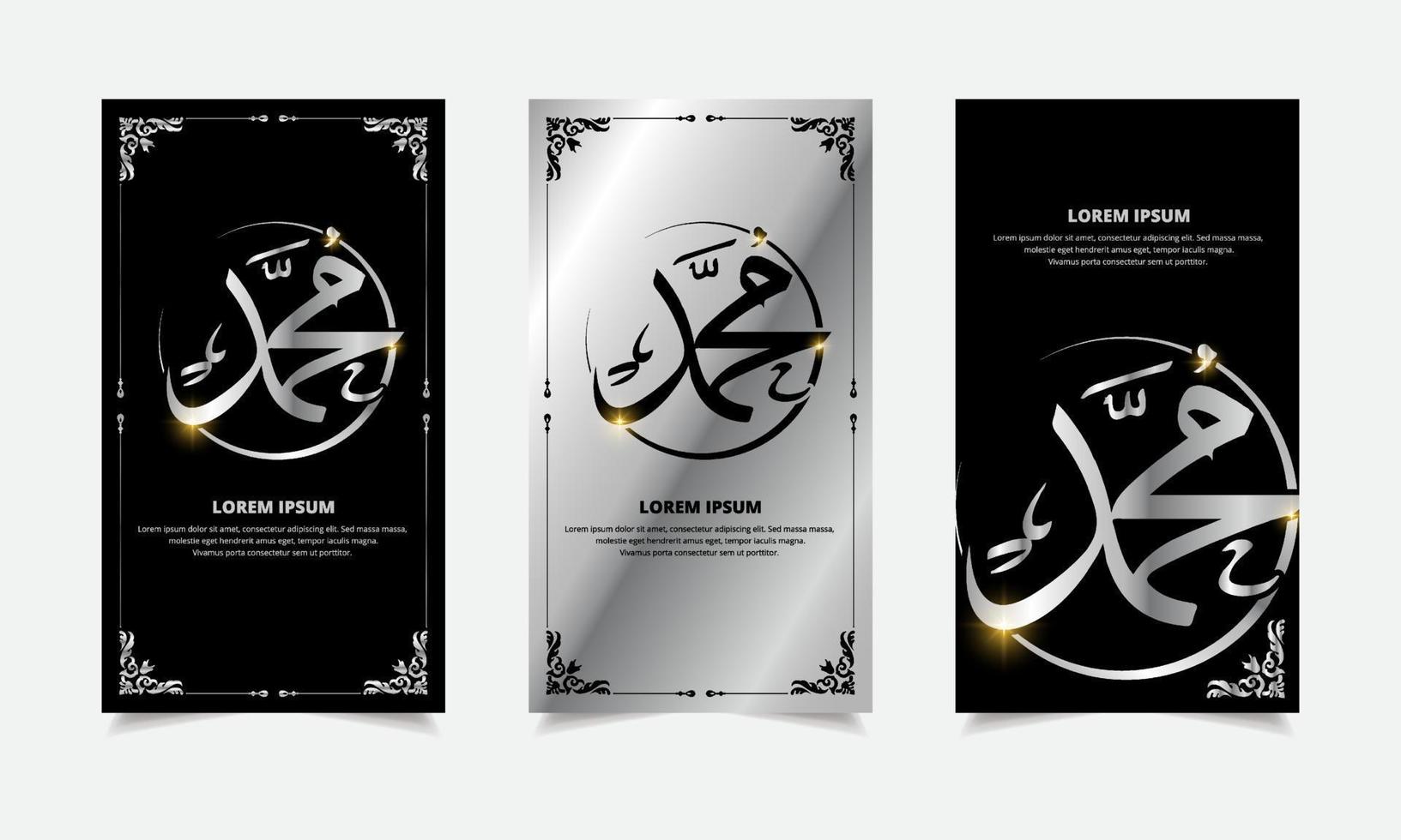 Collection of silver nabi muhammad caligraphy design template stories. Maulid Nabi Muhammad. Islamic Prophet caligraphy vector