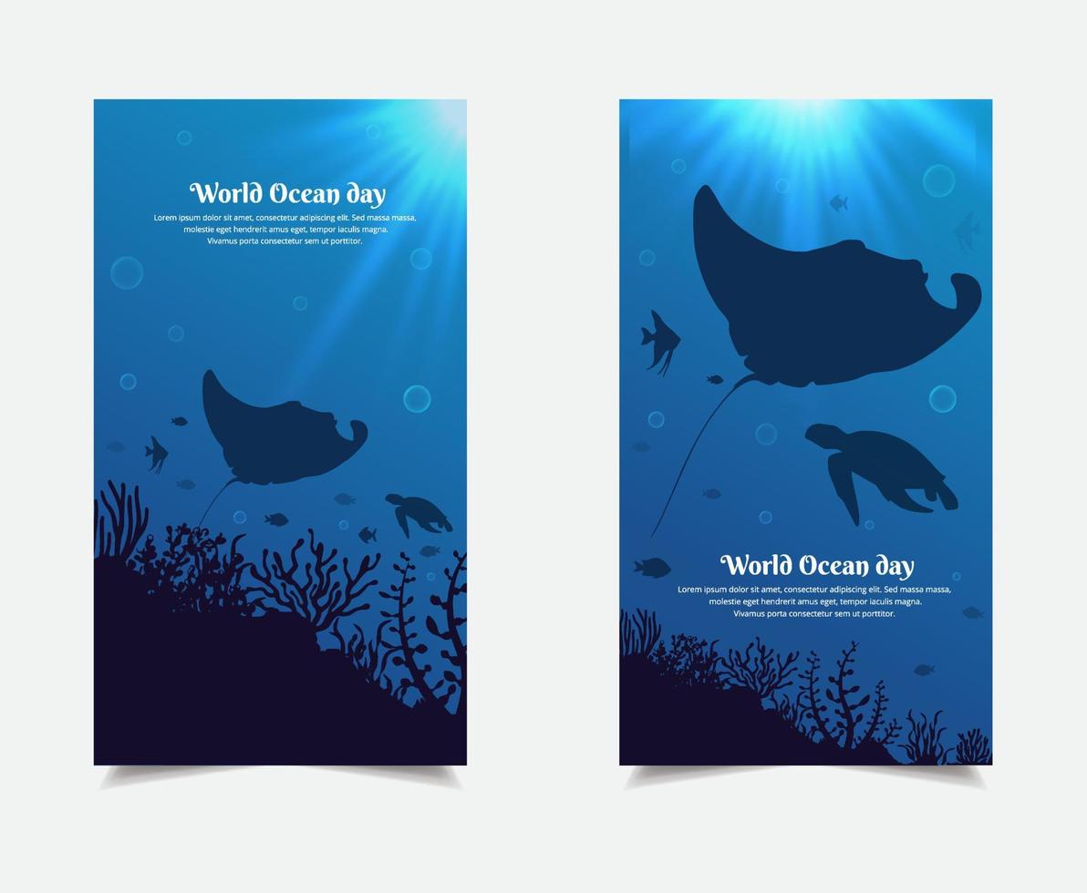World oceans day design template stories with sunlight, stingray, school fish and turtle. Oceans day design vector