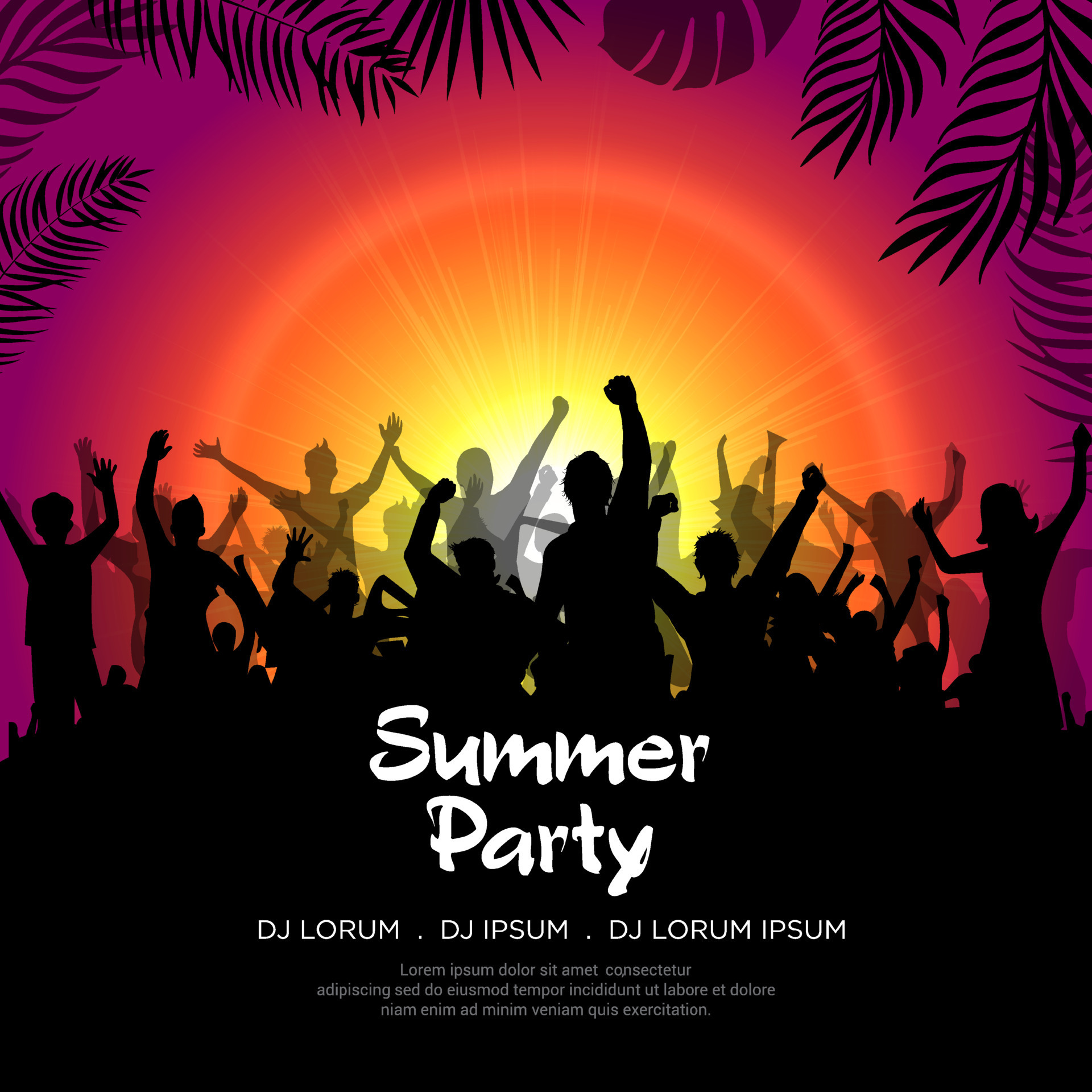 Summer time party design background with happy youth silhouette vector.  Summer party flyer template 8515250 Vector Art at Vecteezy