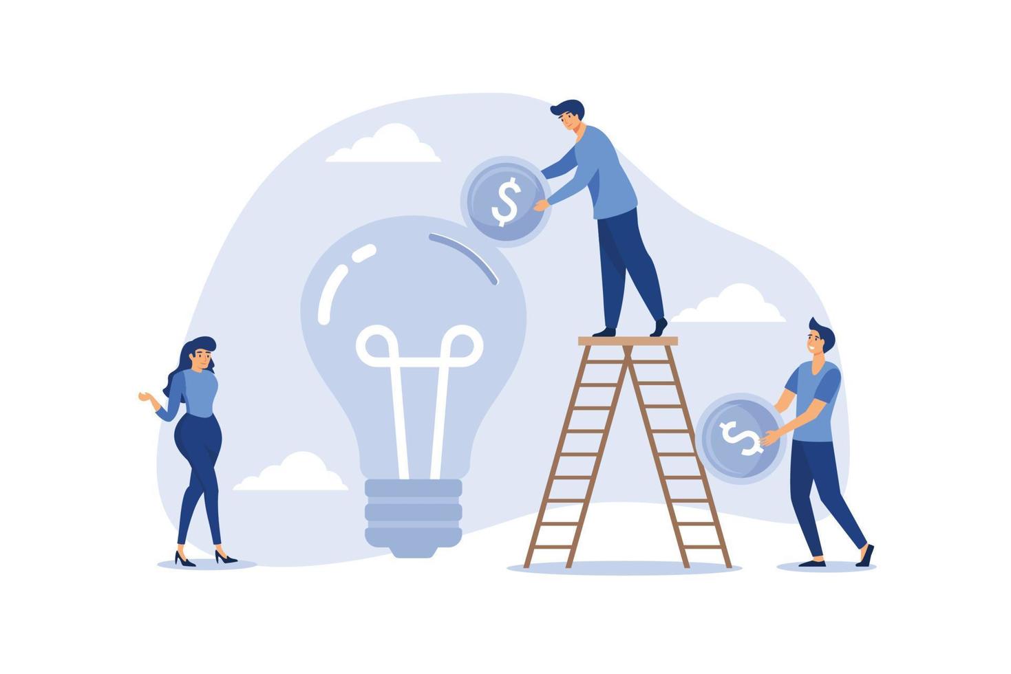 Fundraising idea, funding new innovative project, donation, investing or VC venture capital to support startup idea concept, business people donate or contribute fund raiser new lightbulb project. vector