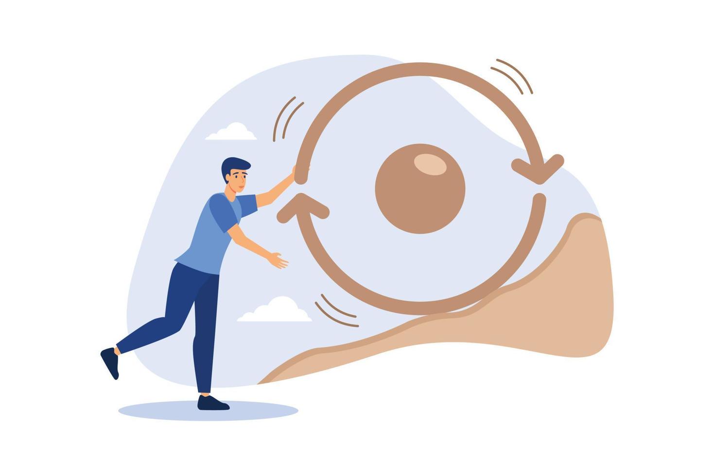 Consistency key to success, business strategy to repeatedly deliver work done, personal development or career growth concept, businessman pushing consistency circle symbol up hill with full effort. vector