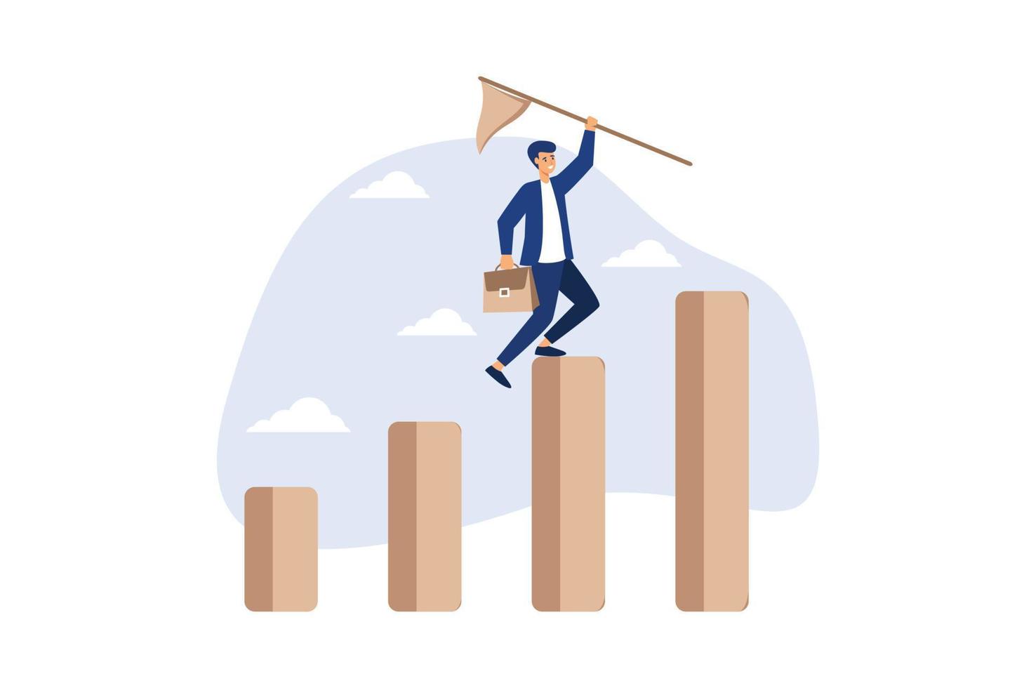 Achievement or business success, reaching goal or target, challenge and career growth concept, success businessman climbing growth bar graph to the top to stab down winning flag. vector