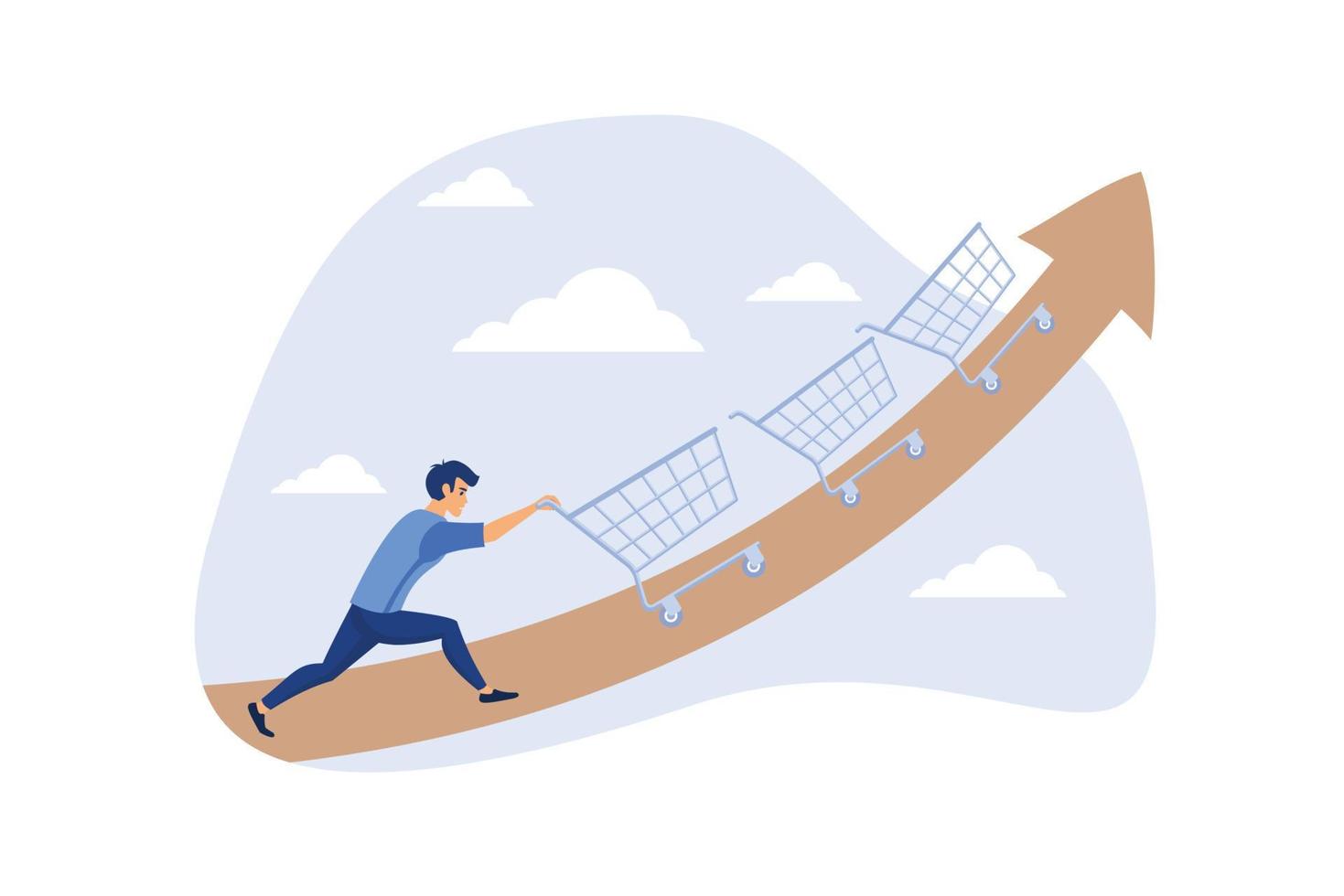 Increase sales or profit, purchasing power growth or consumer spending more money, marketing strategy concept, businessman sale manager push role of shopping cart trolley up rising arrow. vector