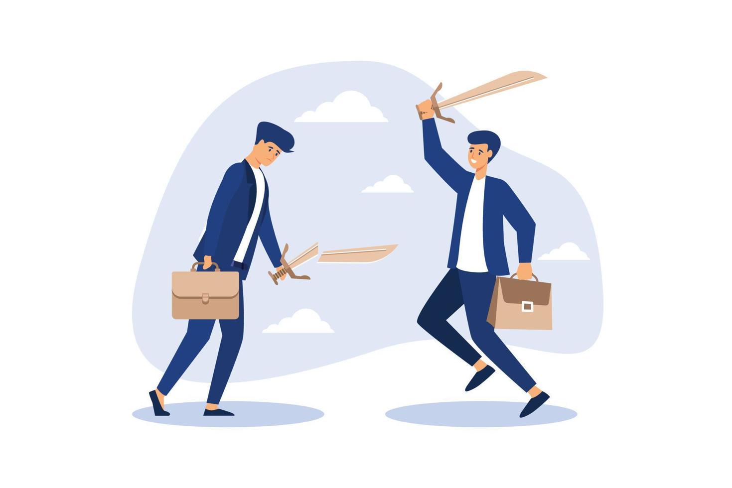 SWOT Business strength and weakness analysis to see opportunity and threats, strategy plan to win business competition concept, confidence businessman holding strong sword and other holding weak one. vector