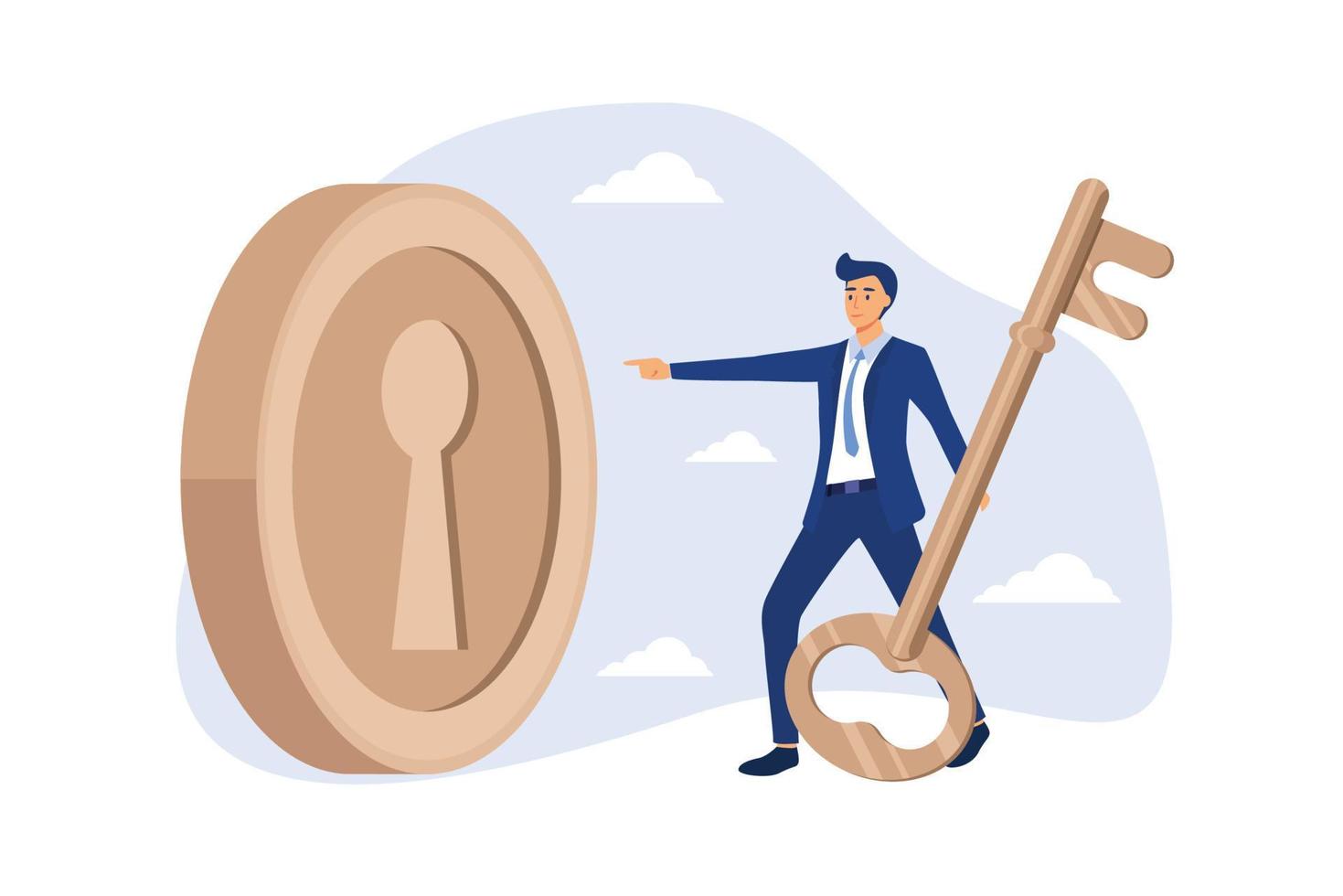 Financial key success, unlock secret reward for investment opportunity, wealth solution to make money and gain profit concept, smart businessman investor holding huge golden key to unlock coin keyhole vector