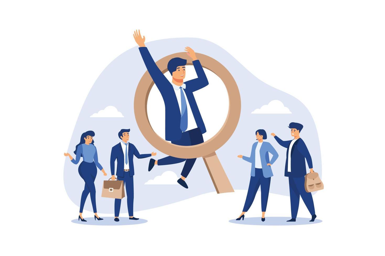 Outstanding winner candidate for job position, stand out from the crowd, notable, different or distinct person concept, confidence businessman stand out on human resource magnifying glass recruitment. vector