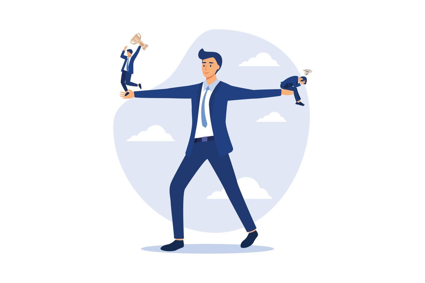 Social comparison anxiety, compare yourself to others, discourage of failure, loser or self motivation problem concept, sad depressed man stand on his hand compare himself with winning colleague. vector