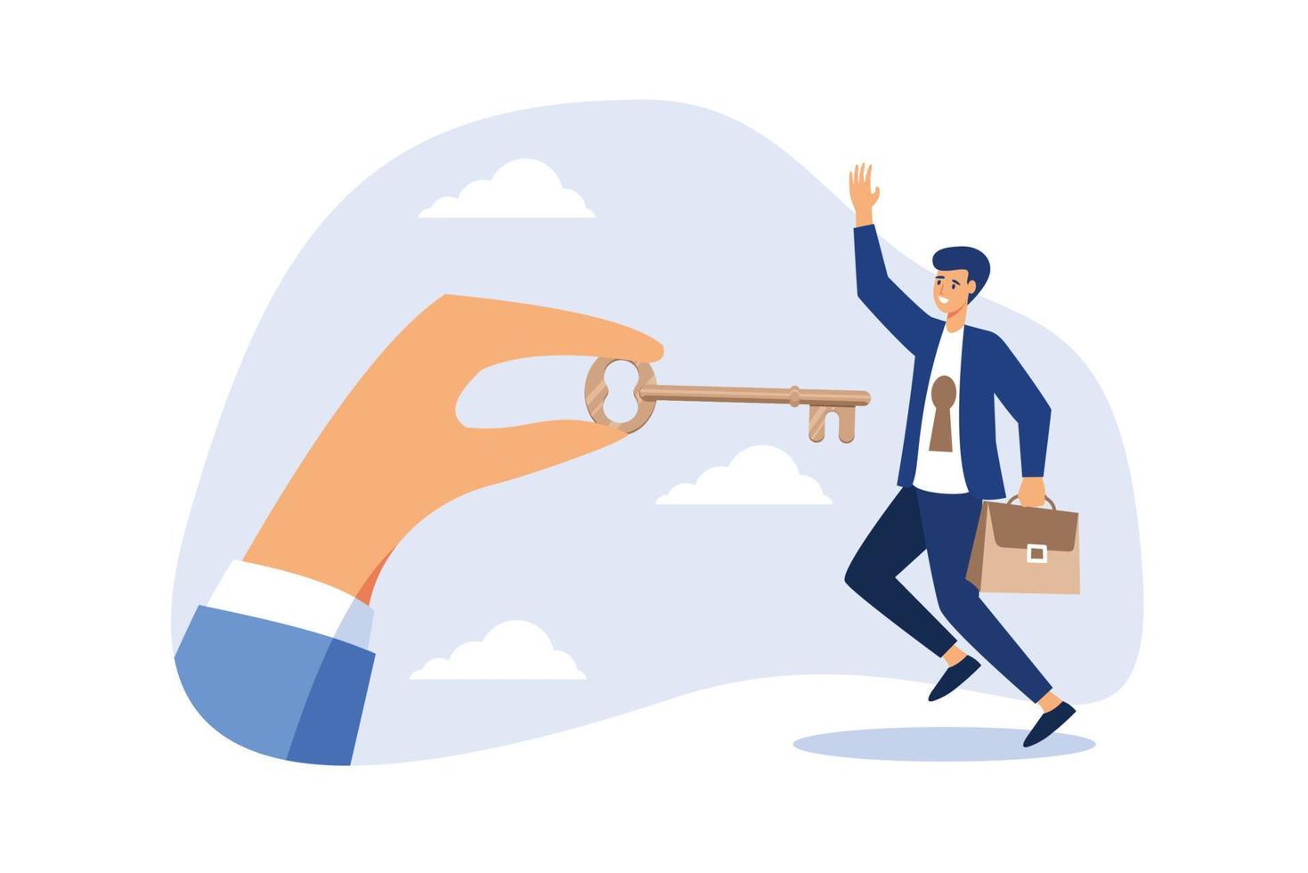 Coaching or training to unlock employee true potential and achieve career success, advance skill for talent personal development concept, coach holding success golden key to unlock employee keyhole. vector
