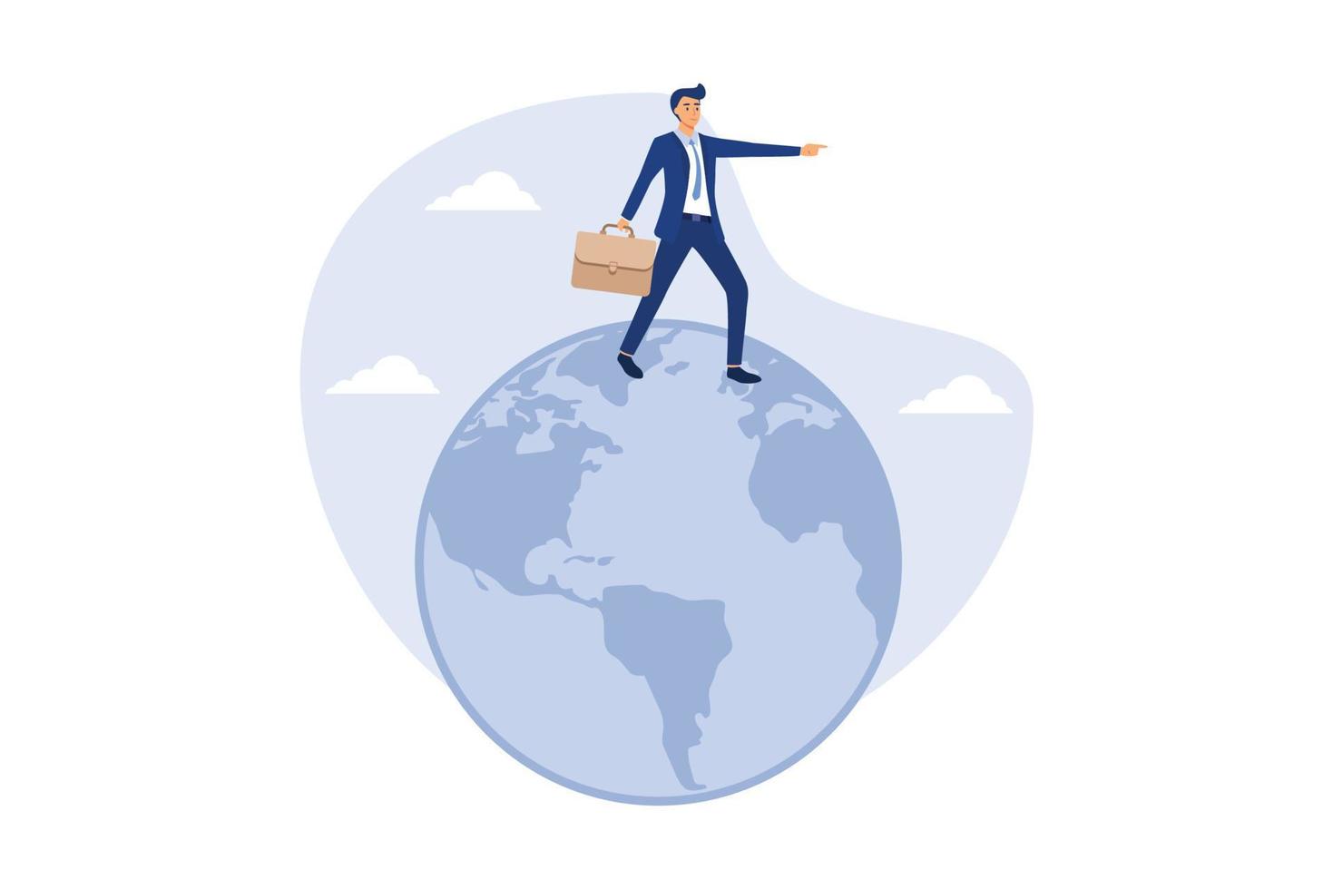 Globalization, global business vision, world economics or business opportunity concept, smart businessman standing on globe, planet earth using telescope to see vision or future opportunity. vector