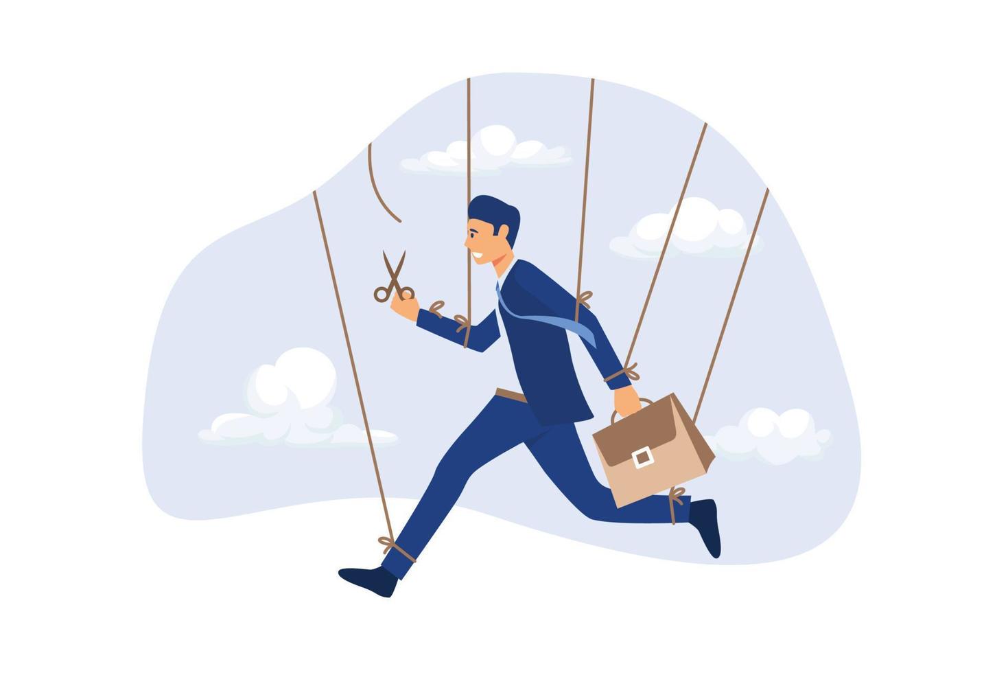 Freedom for work and decision making, authority to work independently, stop micromanagement, or people manipulation concept, businessman marionette, puppeteer use scissors to cut controlled strings. vector