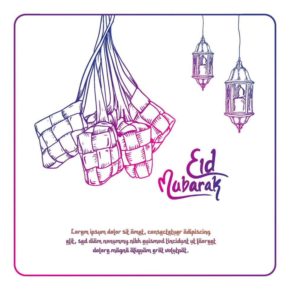 Hand drawing Eid Mubarak party food menu. Arabic elements, sweets, lantern vector design on white background for card, invitation, poster, banner.