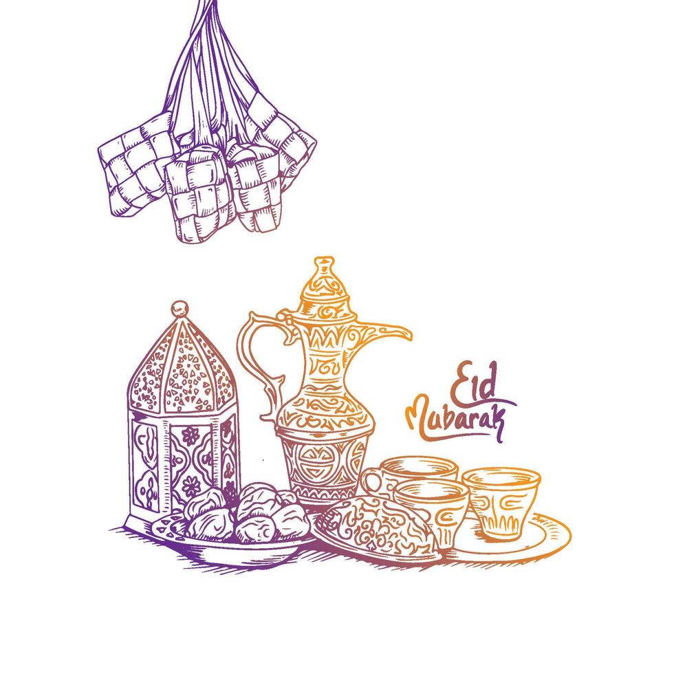 Hand drawing Eid Mubarak party food menu. Arabic elements, sweets, lantern vector design on white background for card, invitation, poster, banner.