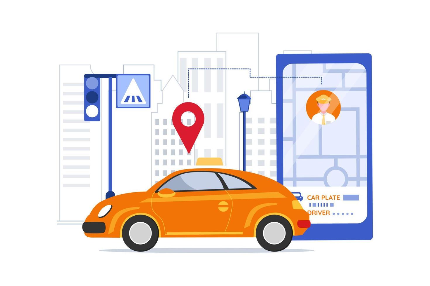 Online mobile taxi service app. Taxi in mobile and navigation or location city map vector