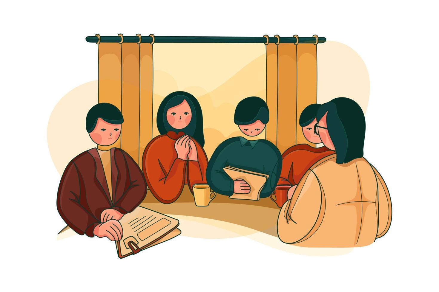 Woman during job interview and four elegant members of management vector