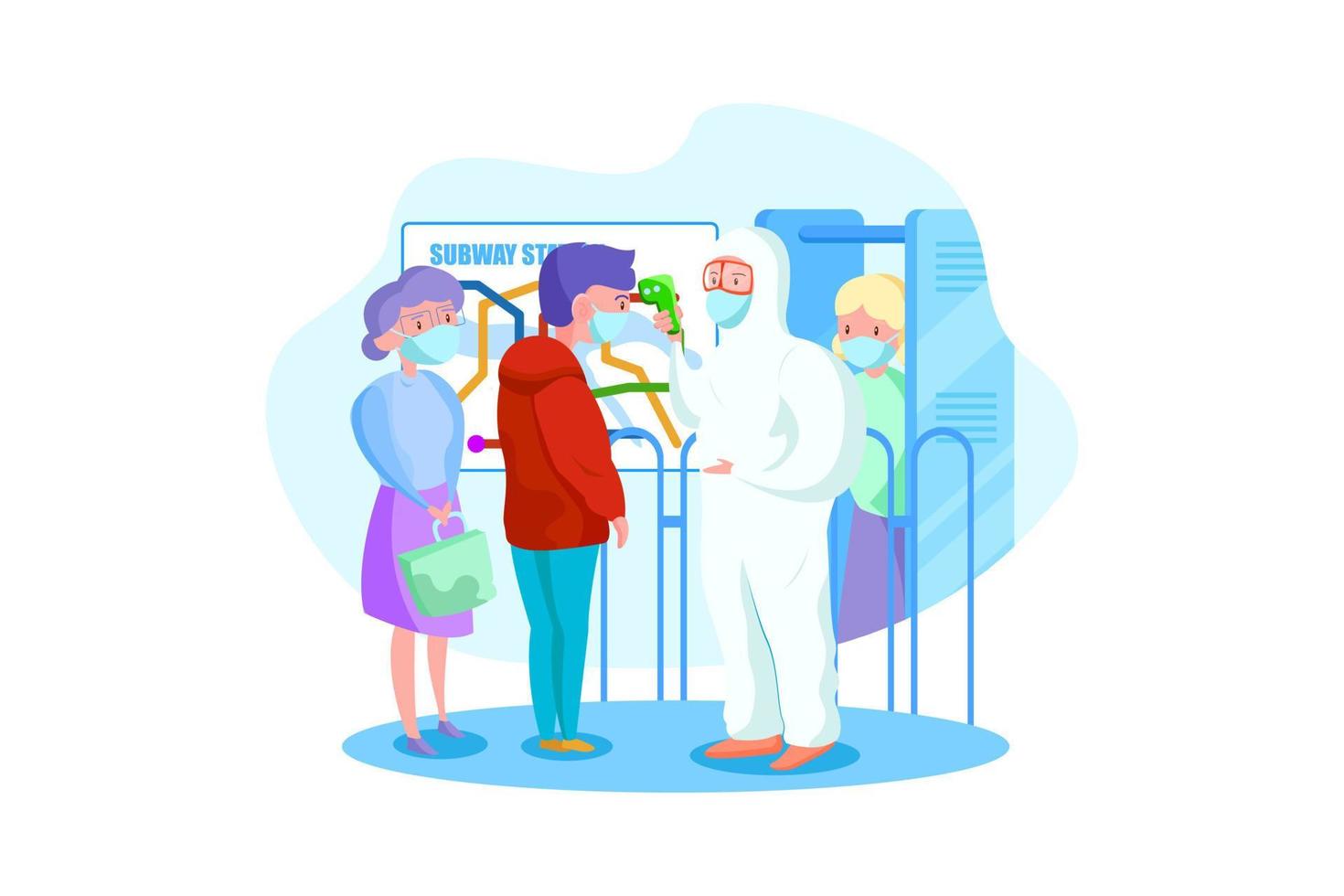 Specialist in hazmat suit checking passengers temperature at subway station. vector